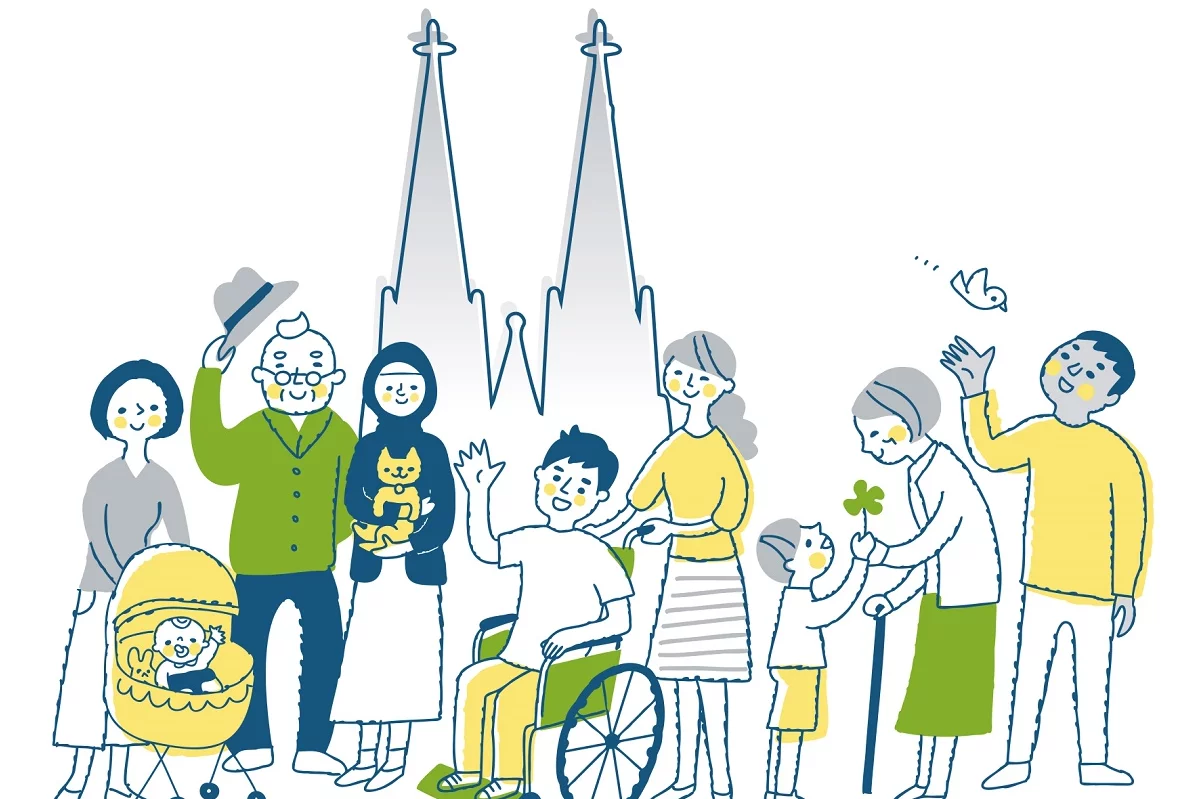 Collage vieler Menschen vor dem Koelner Dom